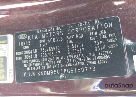 2016 Kia Sedona Lx из США, поврежденный, VIN KNDMB5C18G6159773